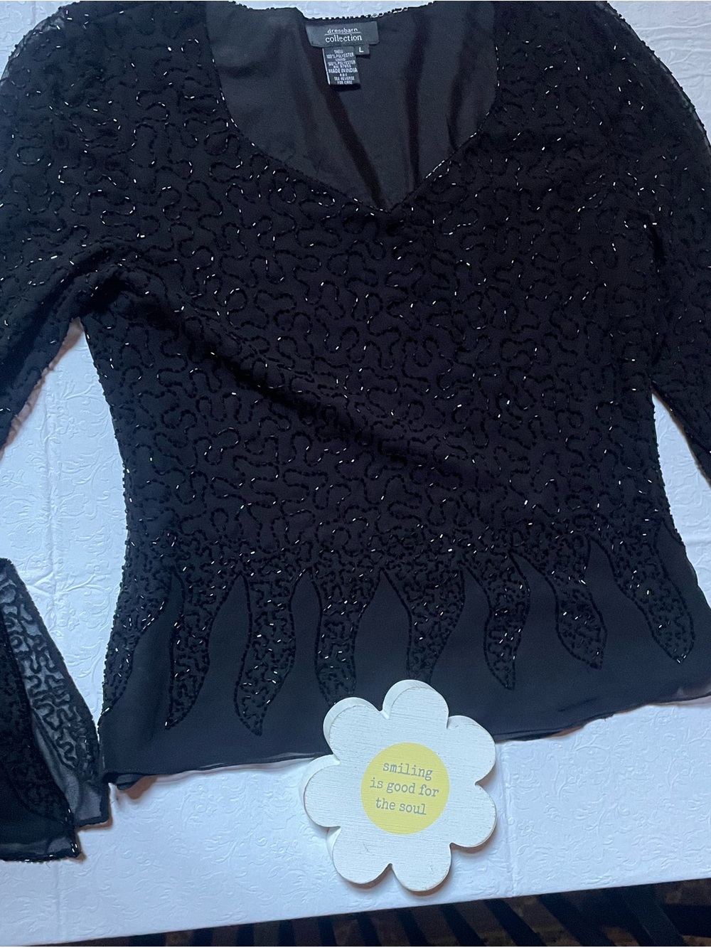 dressbarn Black Long-Sleeve Beaded V-Neck Top